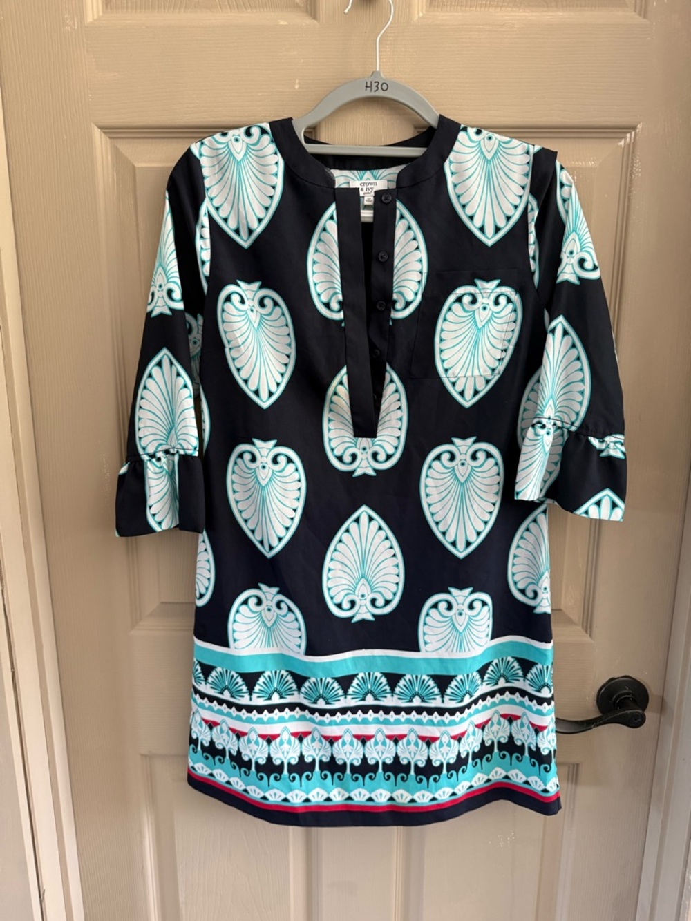 crown & ivy Black Tunic with Teal and White Medallion Print